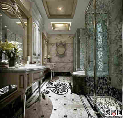 黑白色印花瓷磚拼花衛(wèi)生間地面好不好看 印花玻璃修飾淋浴室裝飾效果圖