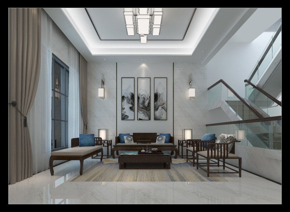 客廳窗簾裝修效果圖翡儷港現中風格中式現代客廳設計圖片賞析